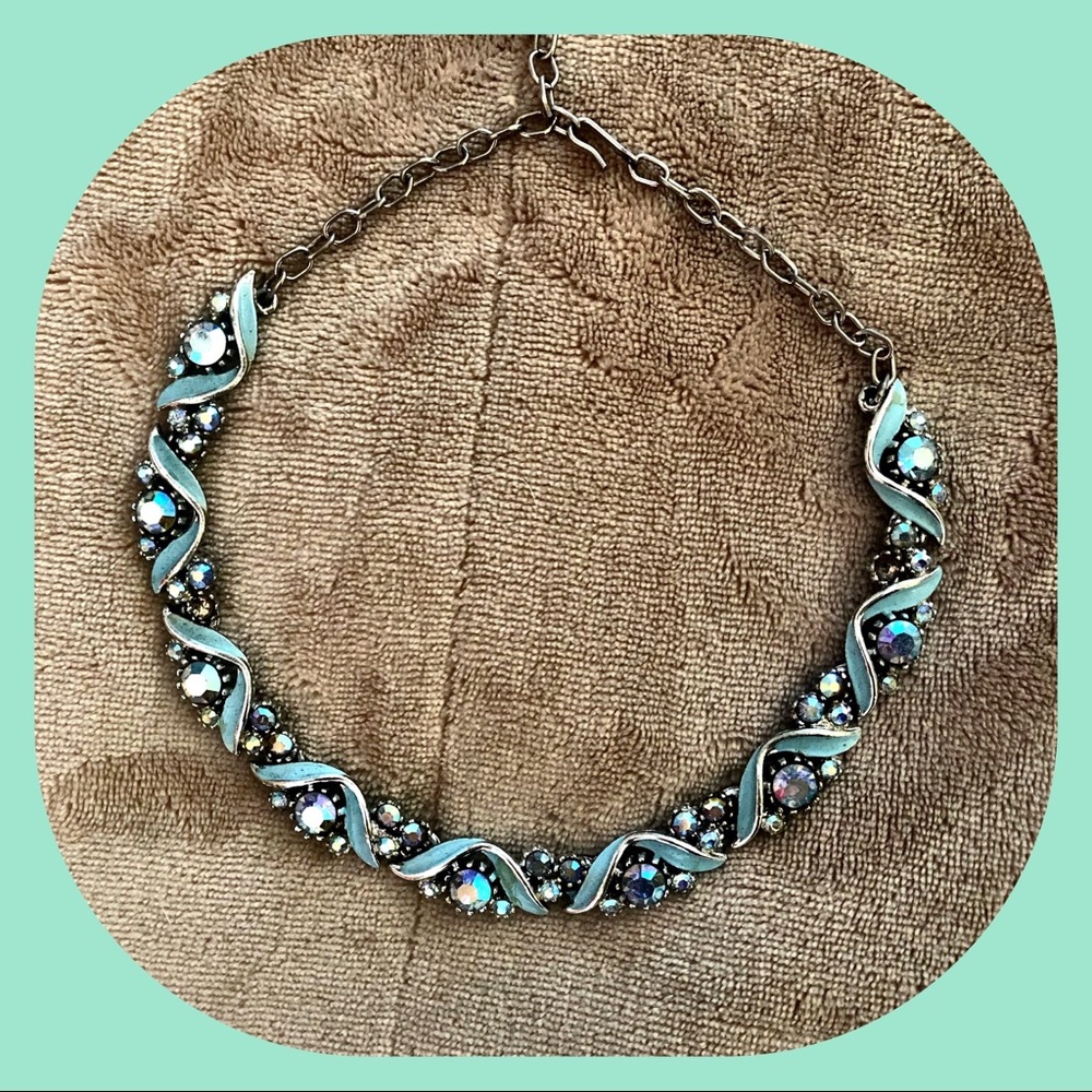 VTG ART Mint Enamel Swirl AB Rhinestone Necklace